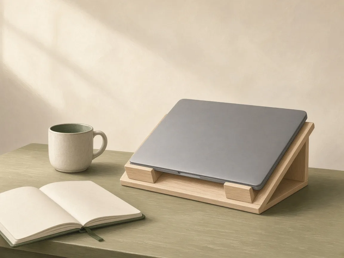 Apoio de madeira clara em forma de cunha sobre uma mesa, com um notebook cinza fechado inclinado sobre ele; ao lado, uma caneca de cerâmica e um caderno aberto.
