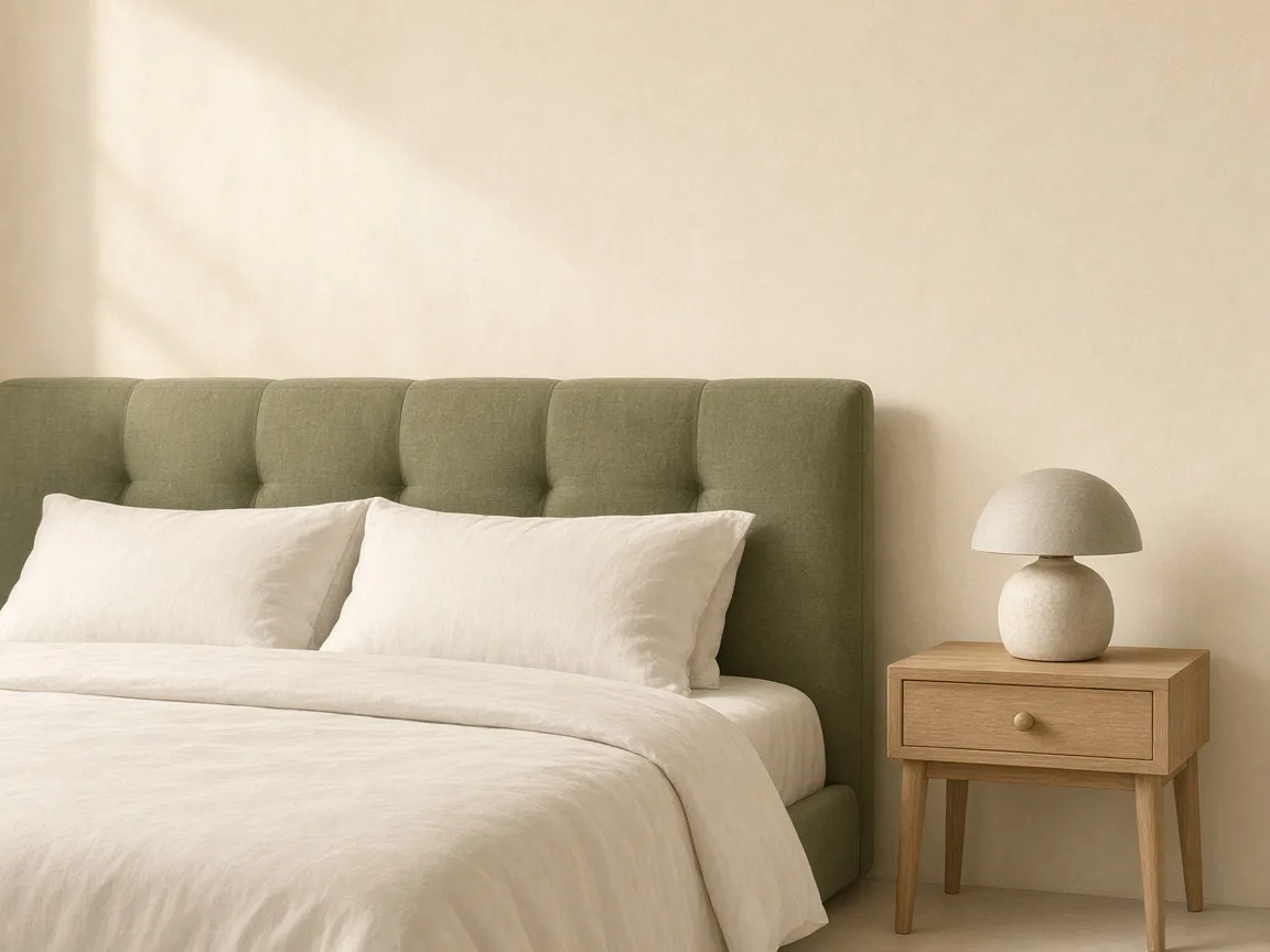 Cabeceira acolchoada de tecido verde-oliva presa à parede atrás de uma cama de casal com roupa de cama branca e dois travesseiros; à direita, uma mesa de cabeceira de madeira com luminária.