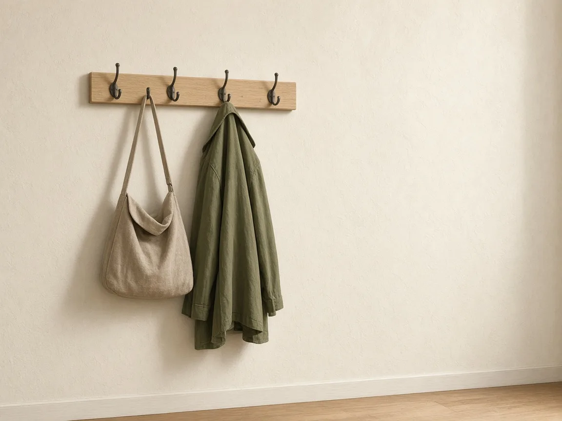 Régua de madeira clara fixada na parede com quatro ganchos metálicos escuros; em dois deles estão pendurados uma bolsa de tecido bege e um casaco verde-oliva.