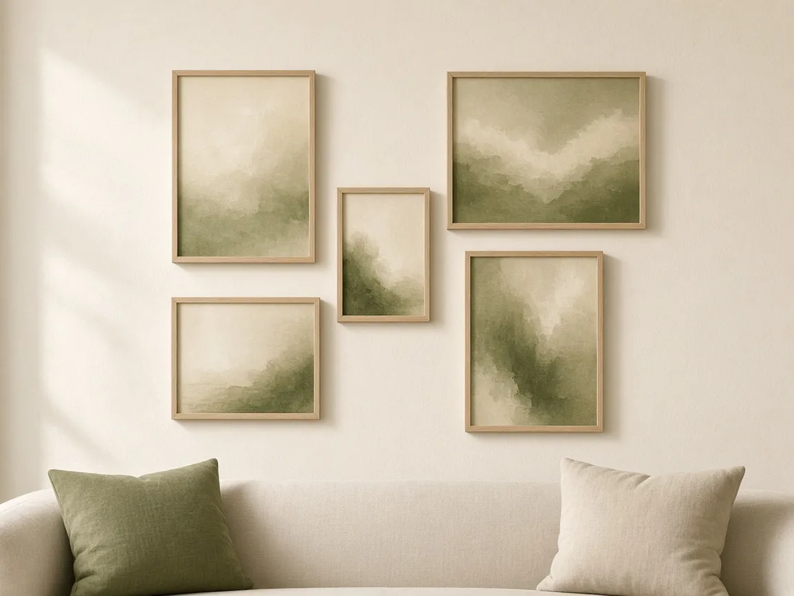 Cinco quadros de molduras finas de madeira clara e tamanhos diferentes, com imagens abstratas em bege e verde, distribuídos na parede acima do encosto de um sofá claro com almofadas.