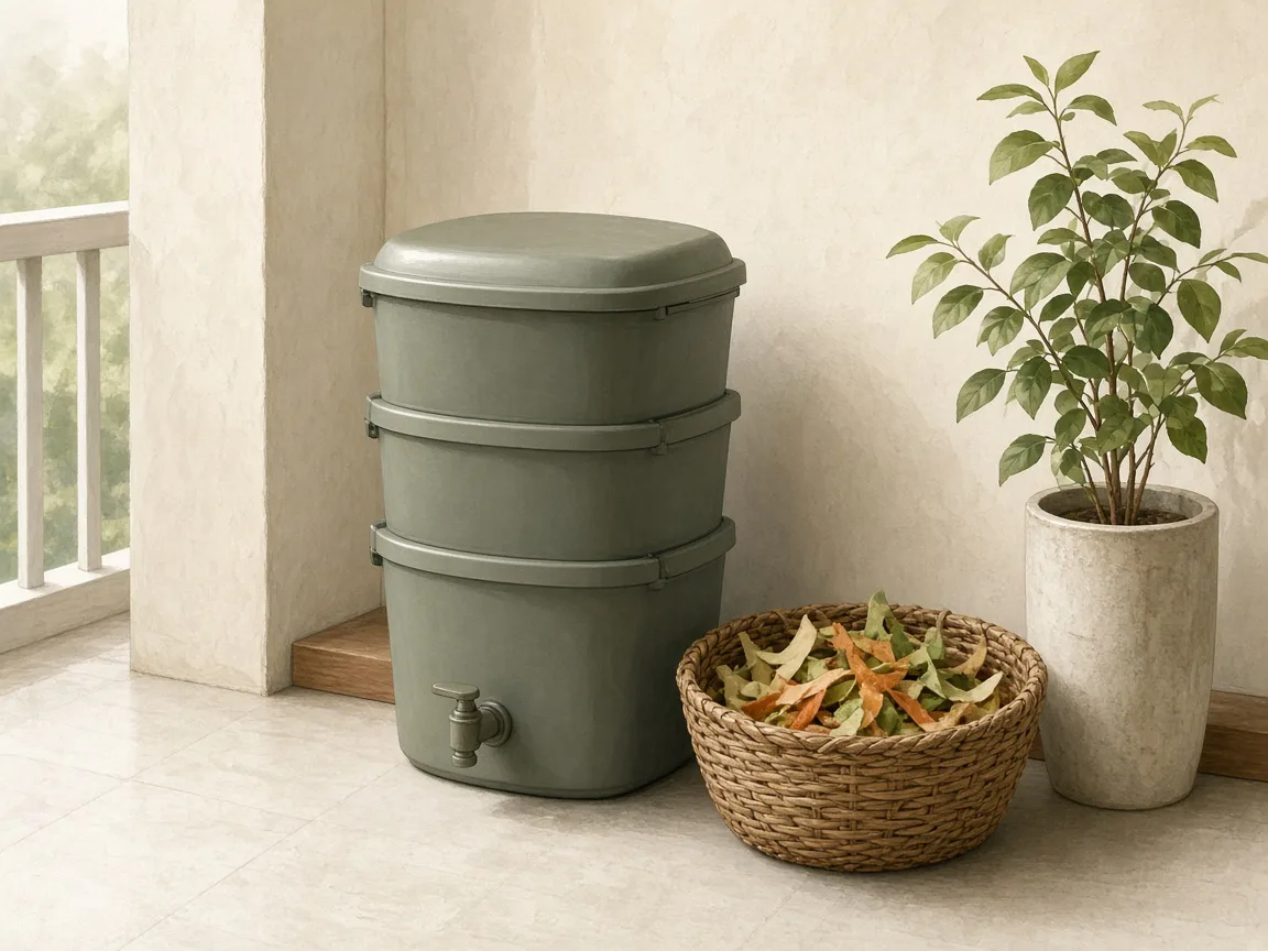 Composteira formada por três baldes cinza-esverdeados empilhados, com tampa no topo e uma torneira no balde de baixo, no canto de uma varanda; ao lado, uma cesta com cascas de vegetais e um vaso com planta.