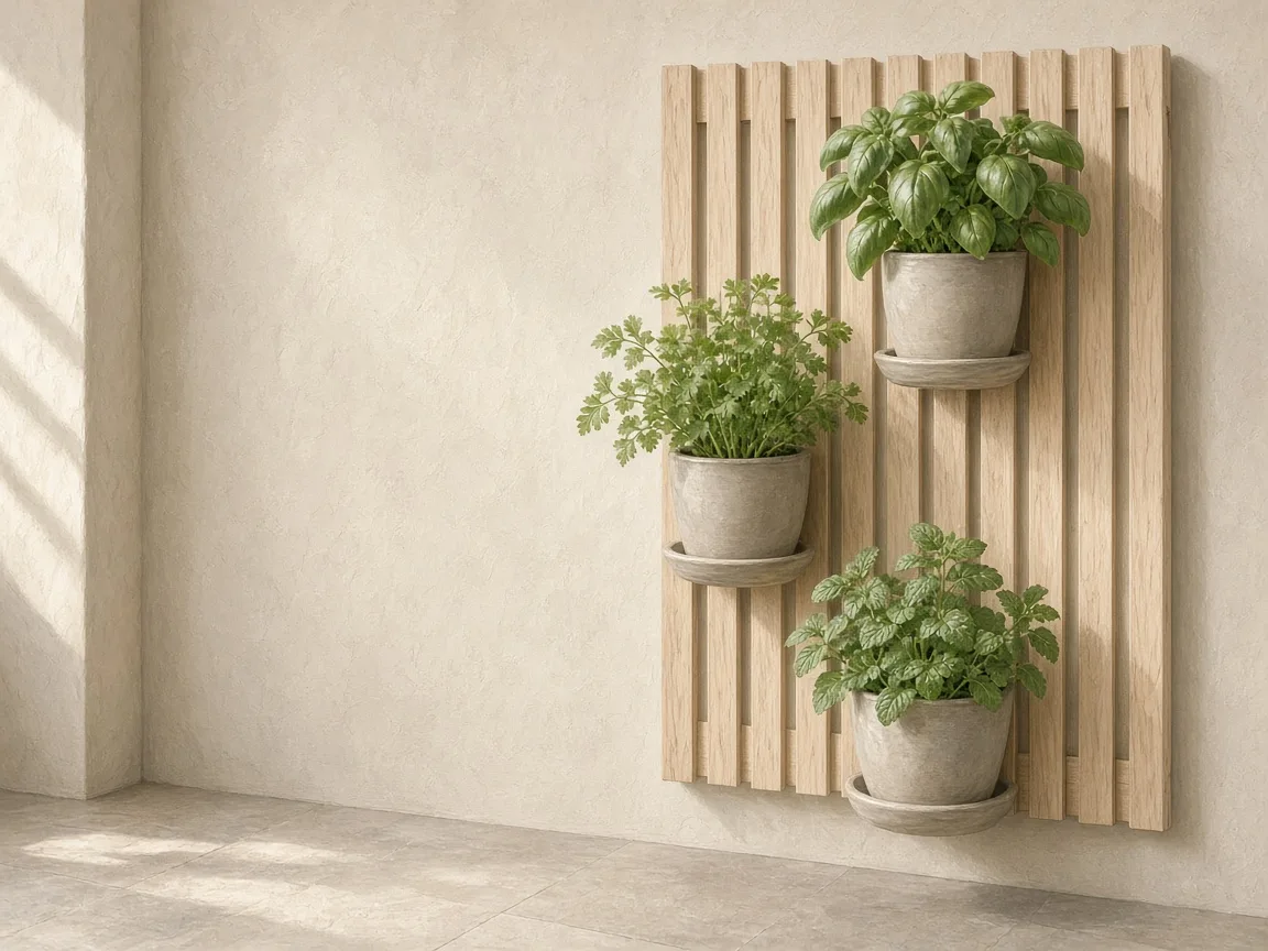 Painel de ripas de madeira clara fixado na parede de uma varanda, com três vasos de cerâmica em alturas diferentes apoiados em suportes, cultivando manjericão, salsinha e hortelã.
