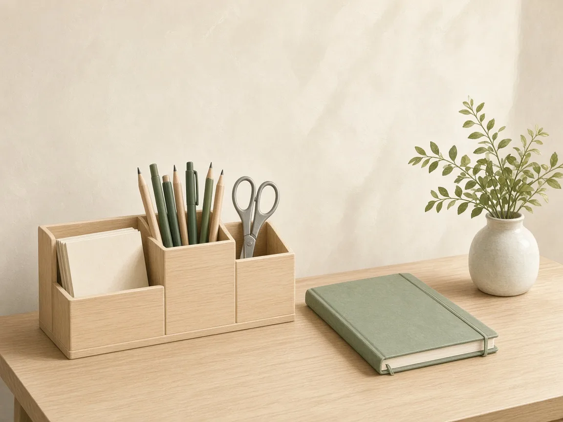 Organizador de madeira clara com três compartimentos de alturas diferentes sobre uma escrivaninha, guardando lápis e canetas em pé, blocos de papel e uma tesoura; ao lado, um caderno verde e um vaso pequeno.