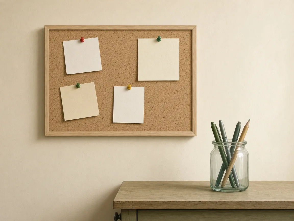Painel de cortiça com moldura de madeira clara na parede, com quatro folhas de papel em branco presas por alfinetes coloridos; abaixo, um aparador com um pote de vidro cheio de canetas.