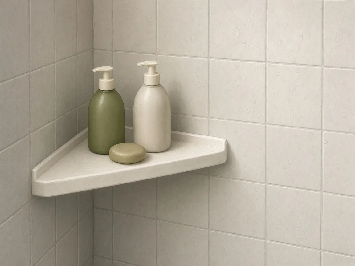 Prateleira de canto triangular branca instalada no canto azulejado de um box de banheiro, com dois frascos de sabonete líquido e um sabonete em barra; gotas de água nos azulejos.