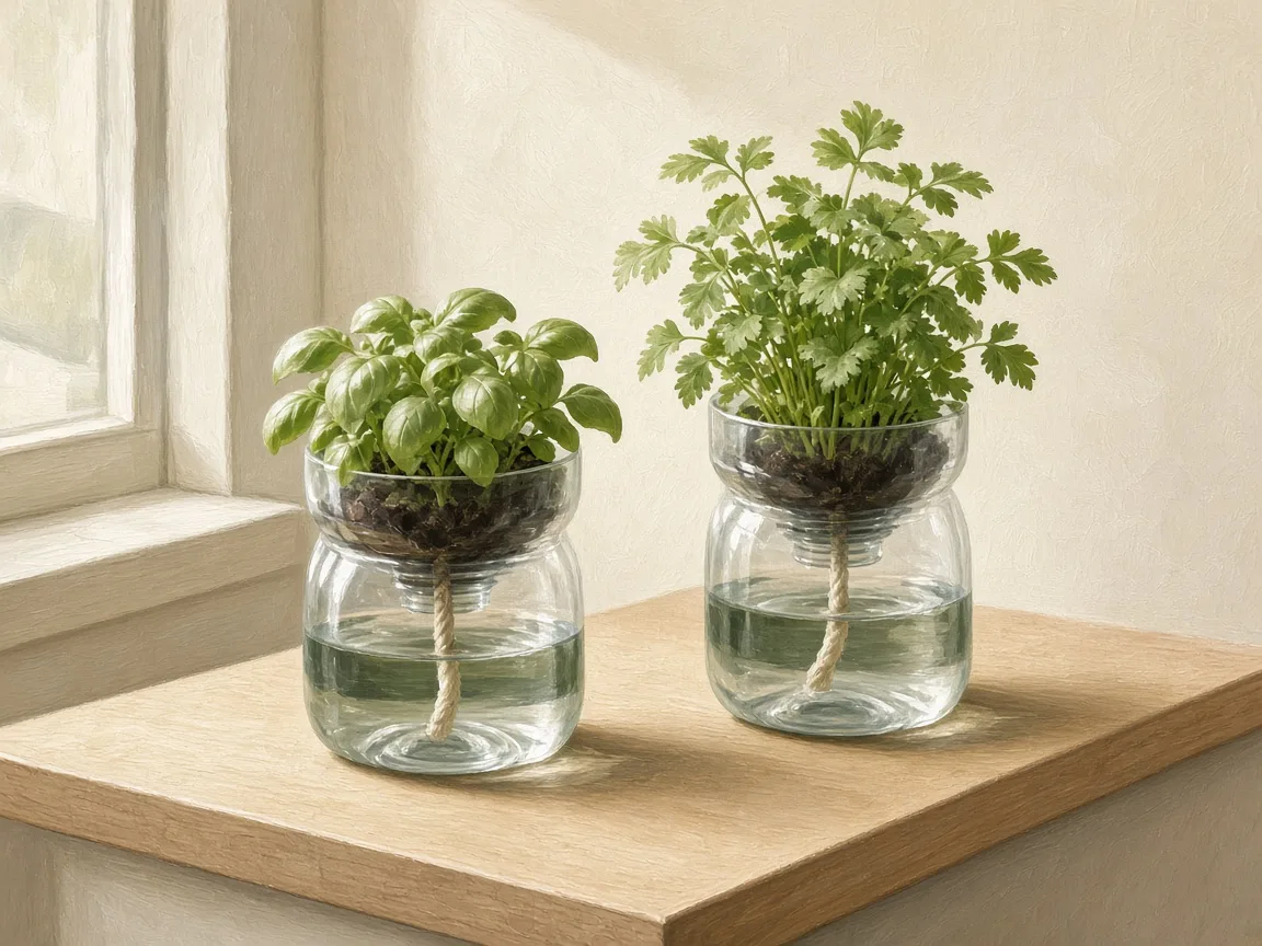 Dois vasos feitos de garrafas plásticas transparentes cortadas, com a parte de cima invertida sobre a base cheia de água e um cordão de algodão descendo pelo gargalo, cultivando manjericão e salsinha no parapeito de uma janela.